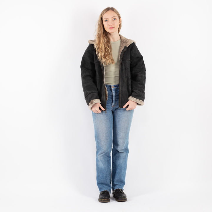 Vintage 90's Women Sheepskin Shearling Jacket in Black