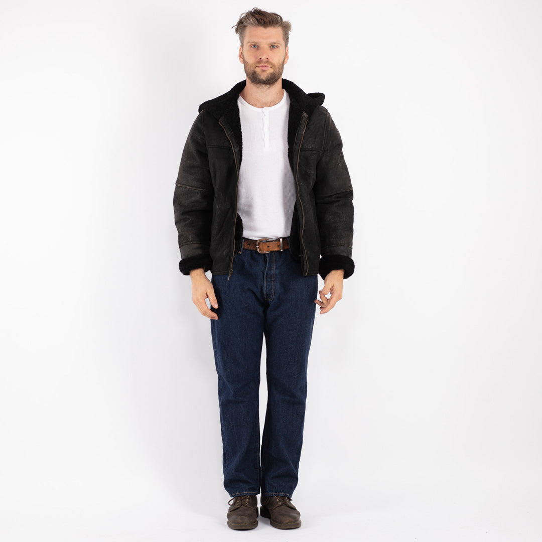 Vintage 80's Men Sheepskin Shearling Jacket in Black