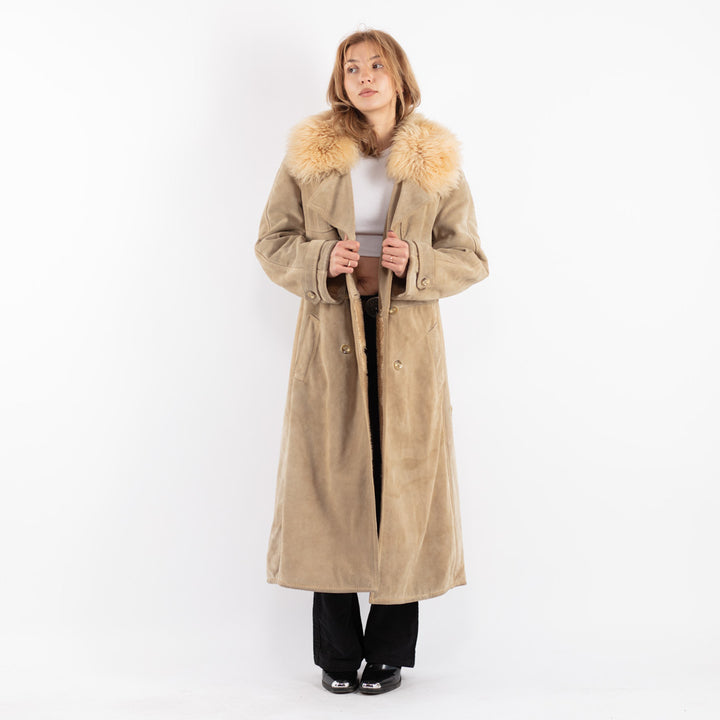 Vintage 70's Women Suede Sherpa Coat in Beige