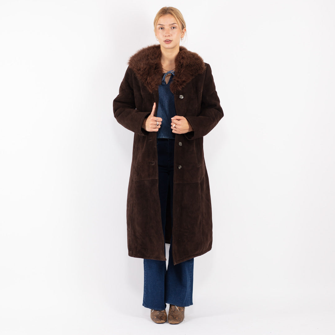 Vintage 70's Women Sheepskin Shearling Coat in Brown