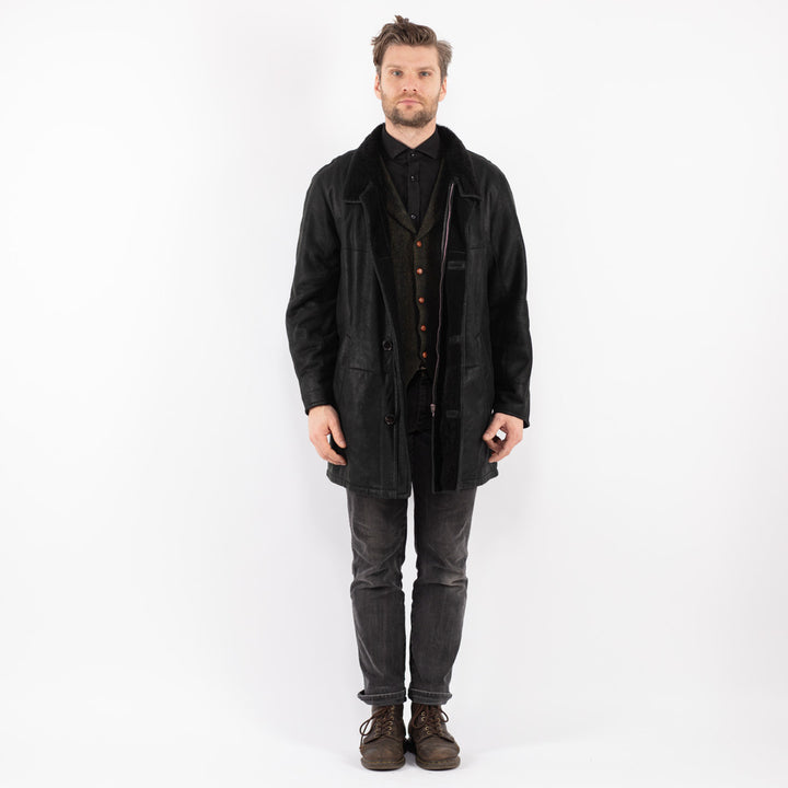 Vintage 90's Men Sheepskin Coat in Black