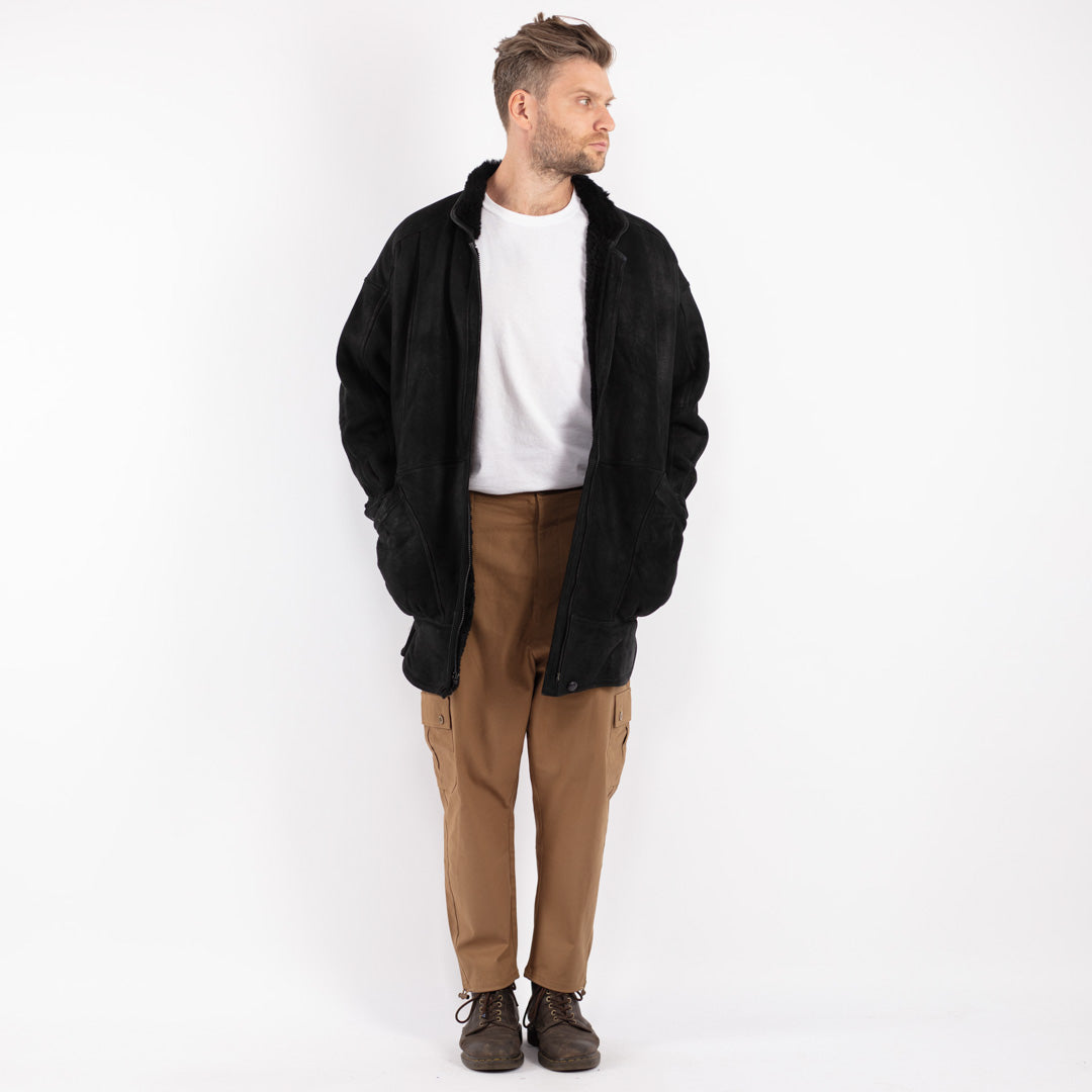 Vintage 80's Men Sheepskin Coat in Black