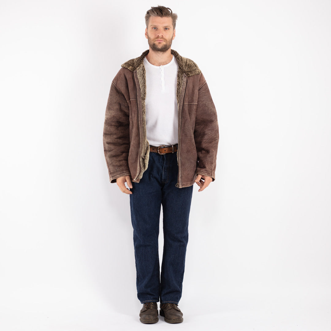 Vintage 80's Men Sheepskin Shearling Jacket in Brown