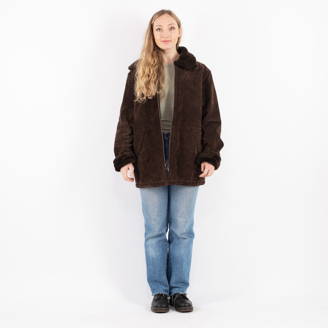 Vintage 90's Women Suede Sherpa Coat in Brown