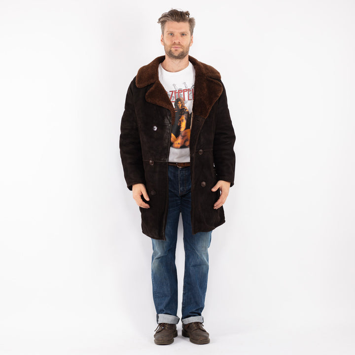 Vintage 70's Men Sheepskin Shearling Coat in Brown