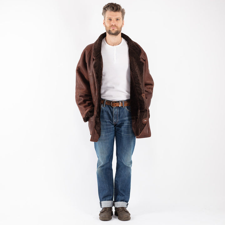 Vintage 80's Men Sheepskin Shearling Coat in Brown