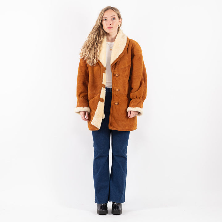 Vintage 80's Women Sheepskin Shearling Coat in Brown