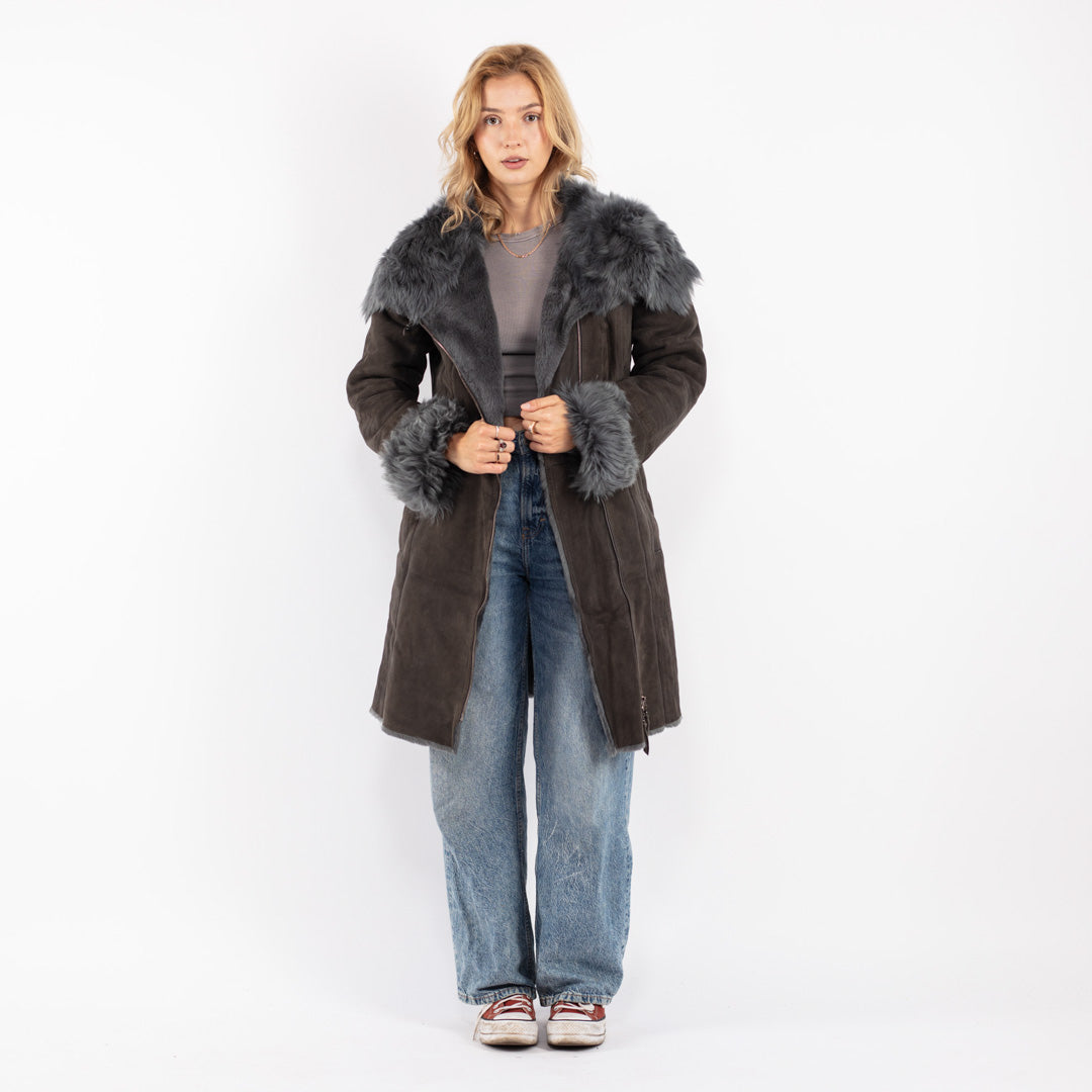 Vintage 90's Women Sheepskin Shearling Coat in Gray