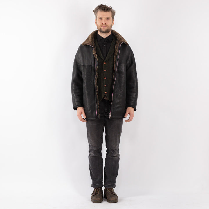 Vintage 90's Men Sheepskin Coat in Black