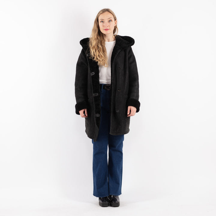 Vintage 90's Women Sheepskin Coat in Black