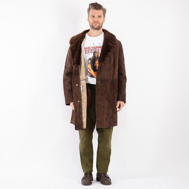 Vintage Men Sheepskin Shearling Coat in Brown