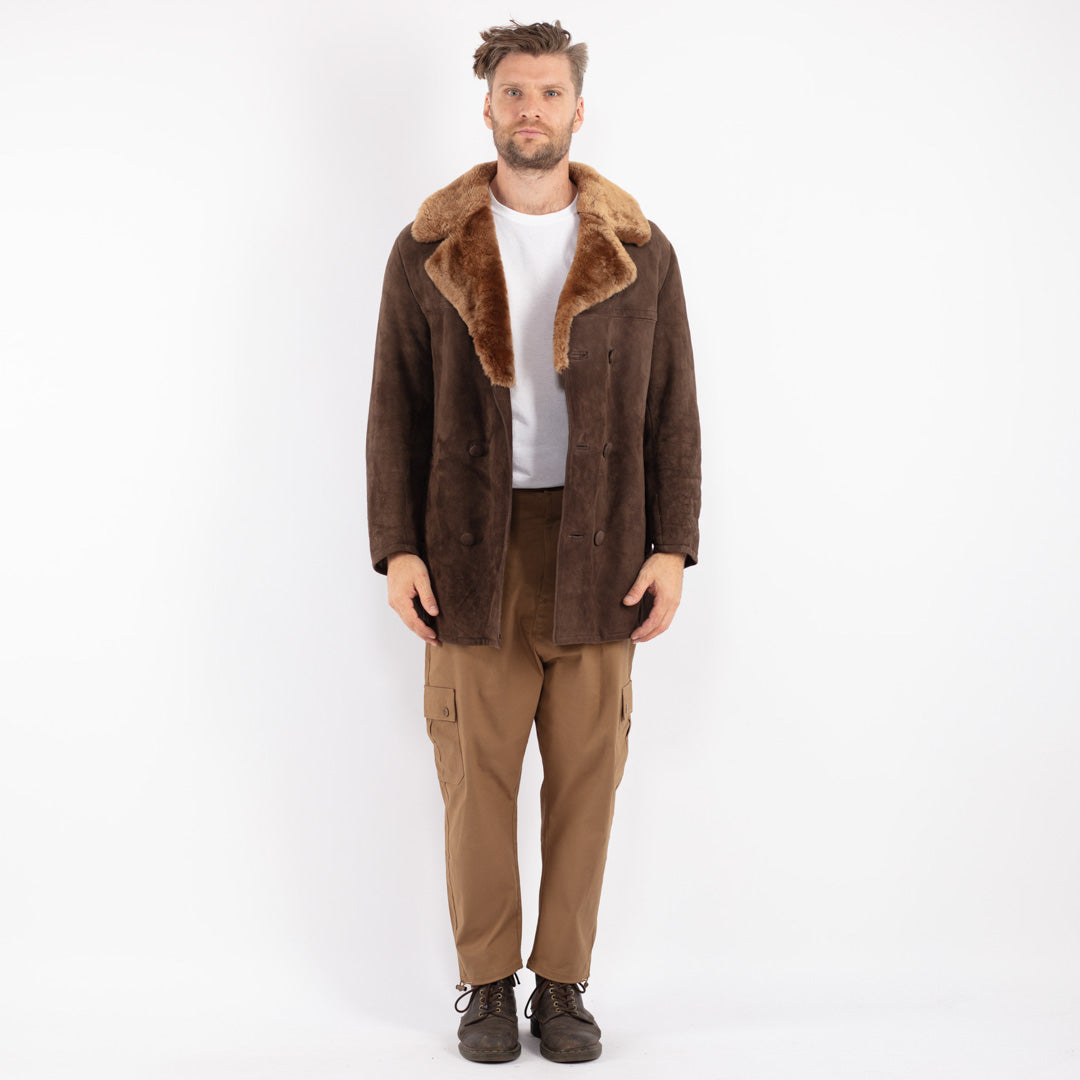 Vintage 70's Men Sheepskin Shearling Coat in Brown