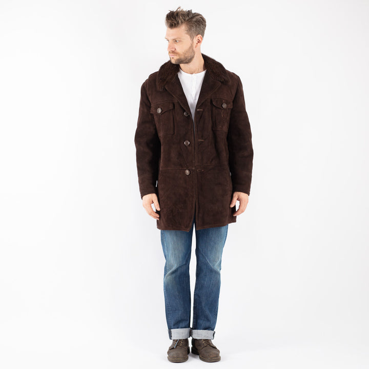 Vintage 70's Men Sheepskin Shearling Coat in Brown