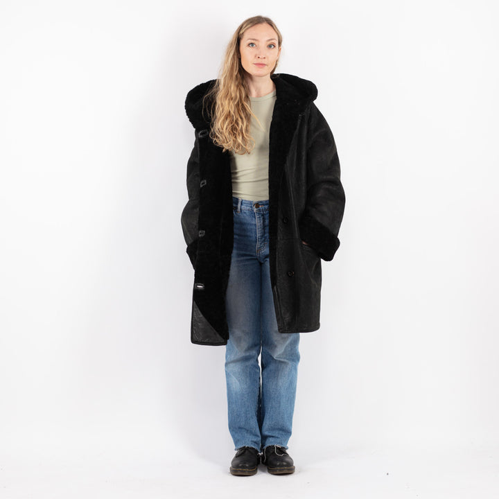 Vintage 80's Women Sheepskin Coat in Black