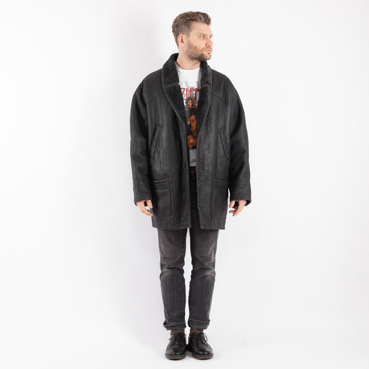 Vintage 80's Men Sheepskin Shearling Coat in Black