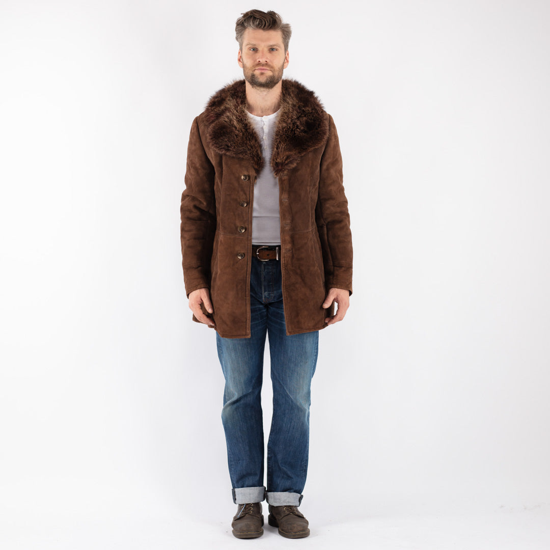 Vintage 70's Men Sheepskin Shearling Coat in Brown