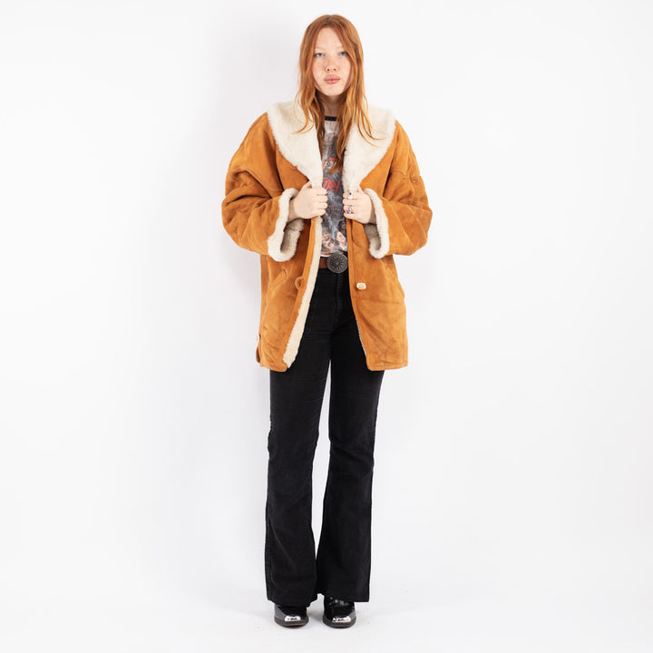 Vintage 80's Women Sheepskin Shearling Coat in Brown