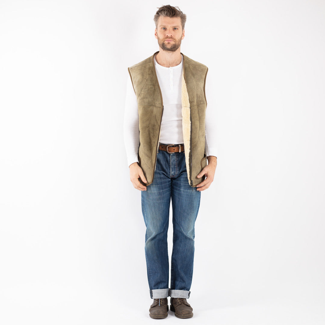 Vintage 70's Men Sheepskin Vest in Green