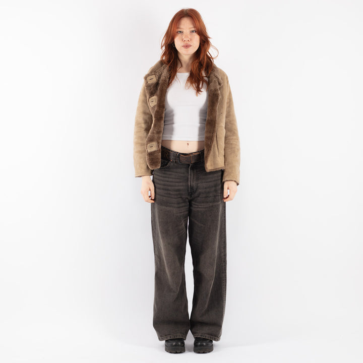 Vintage 90's Women Sheepskin Shearling Jacket in Beige