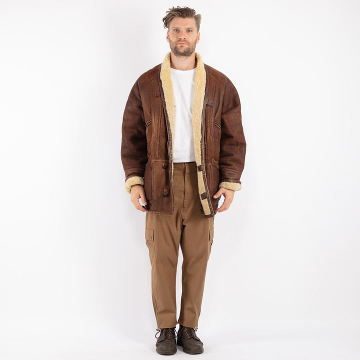 Vintage 70's Men Sheepskin Shearling Coat in Brown