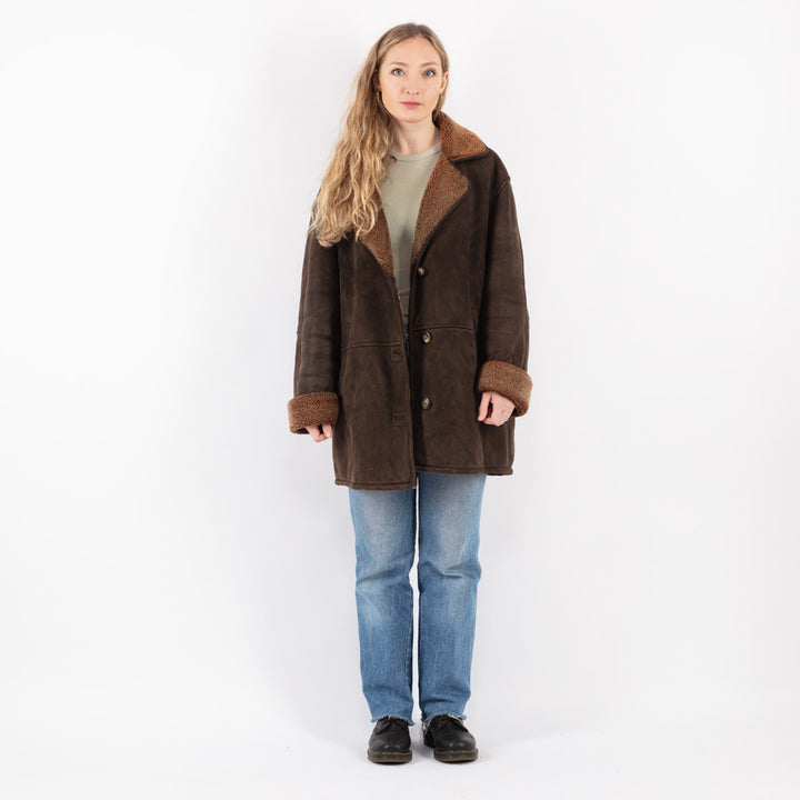 Vintage 90's Women Sheepskin Shearling Coat in Brown