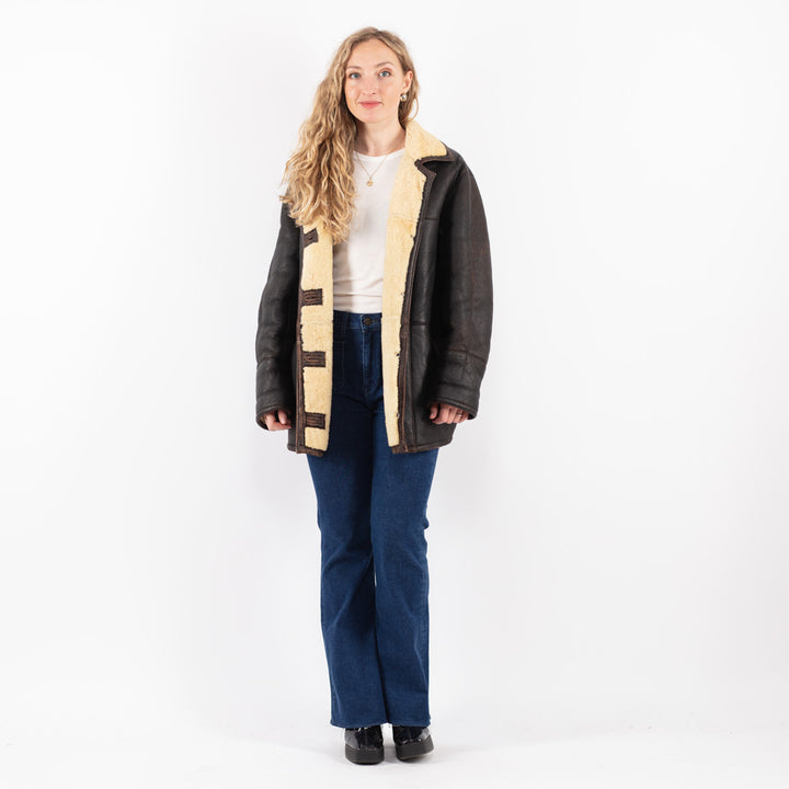 Vintage 80's Women Sheepskin Shearling Coat in Brown