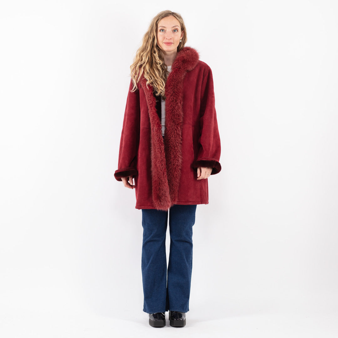 Vintage 80's Women Sheepskin Coat in Red