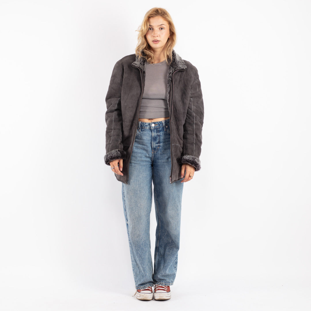 Vintage 90's Women Shearling Coat in Gray