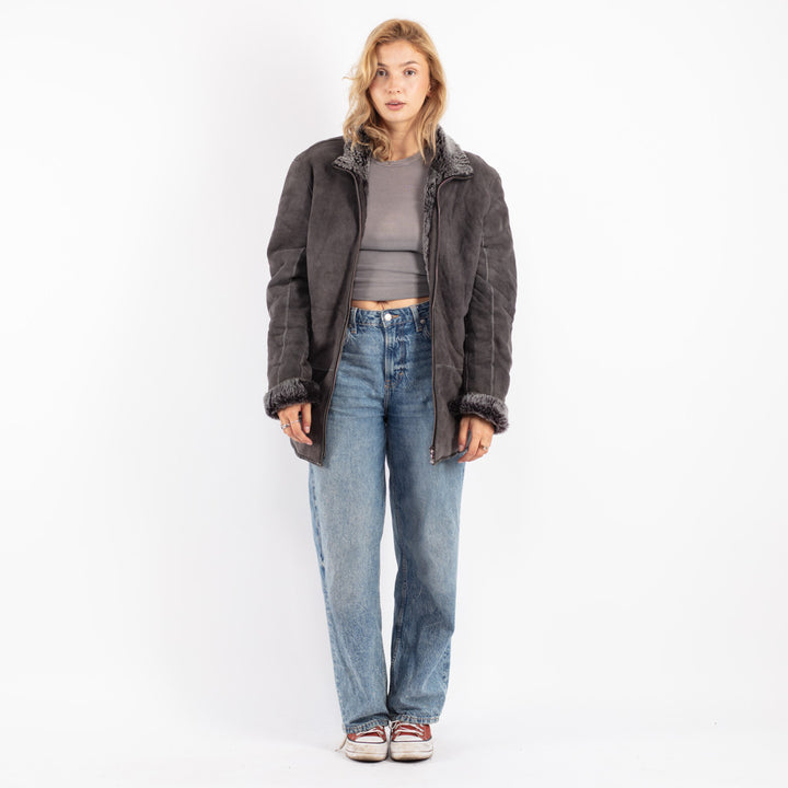 Vintage 90's Women Shearling Coat in Gray