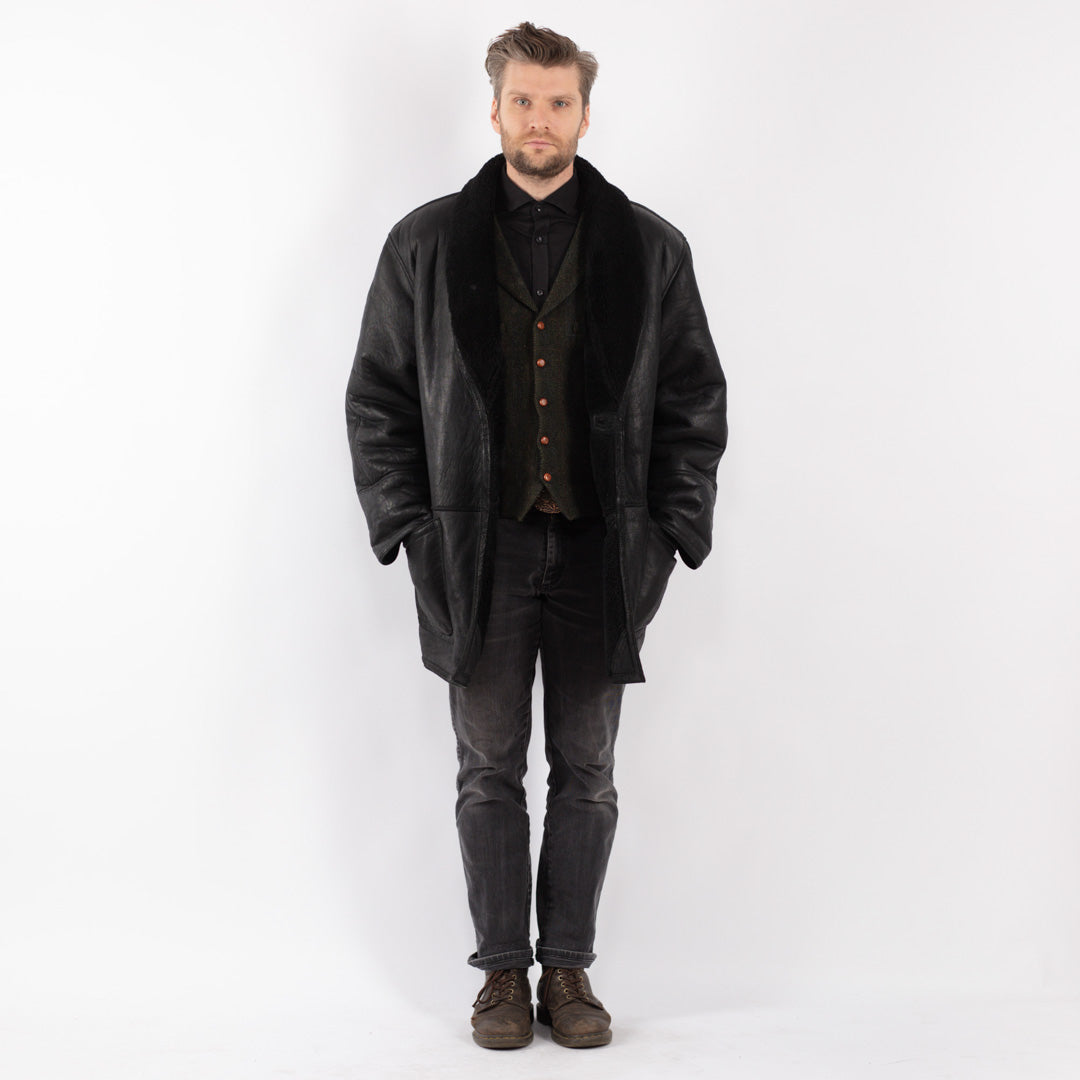 Vintage 80's Men Sheepskin Coat in Black