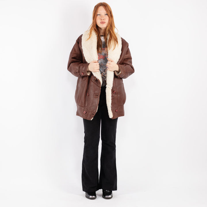 Vintage 80's Women Sheepskin Shearling Coat in Brown