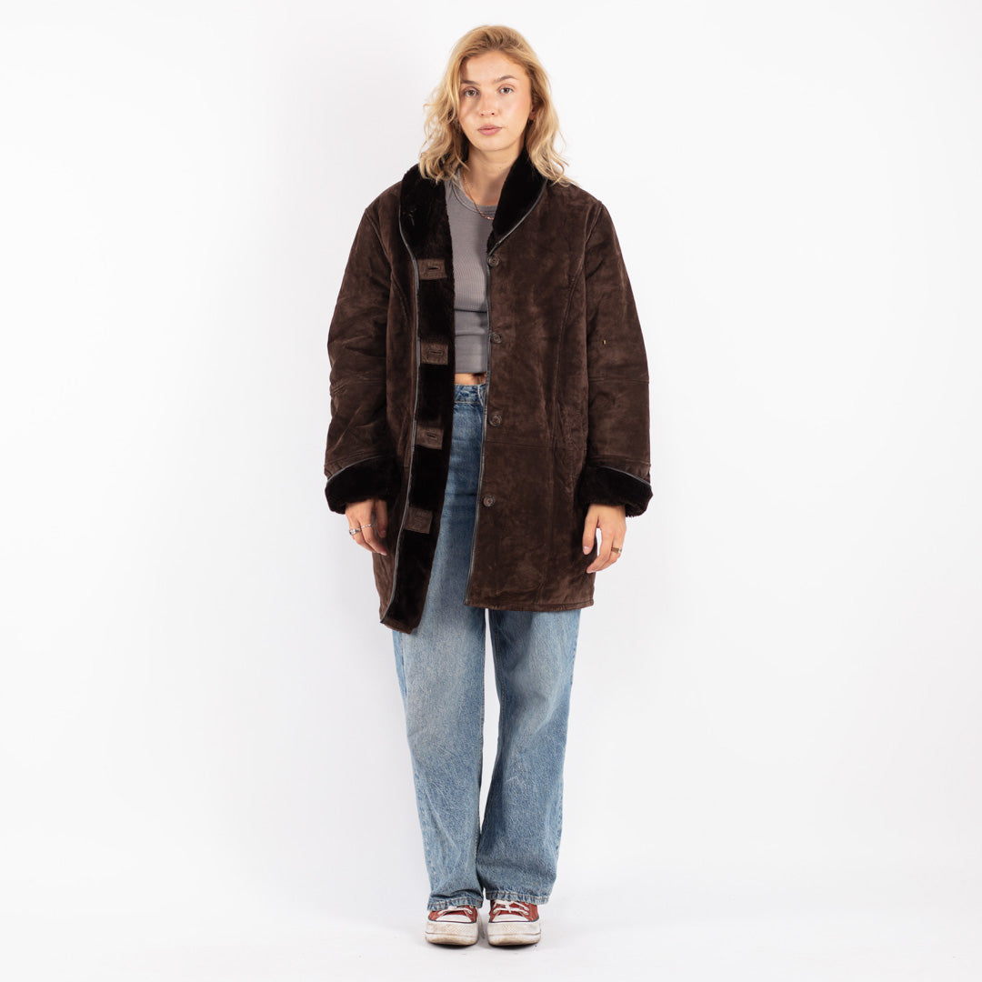 Vintage 90's Women Suede Sherpa Coat in Brown