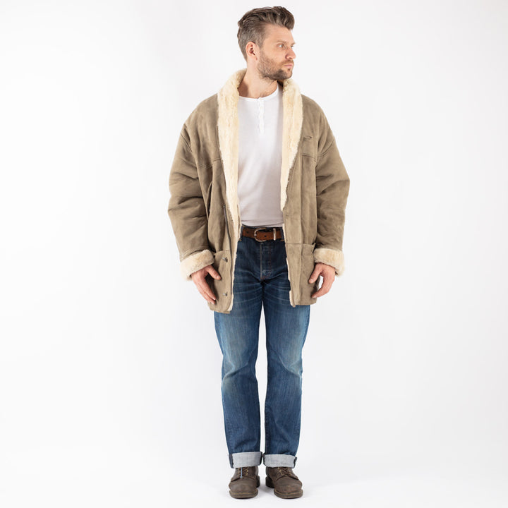 Vintage 80's Men Sheepskin Coat in Beige