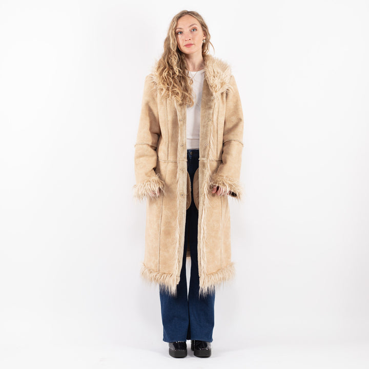 Vintage 90's Women Faux Sheepskin Coat in Beige