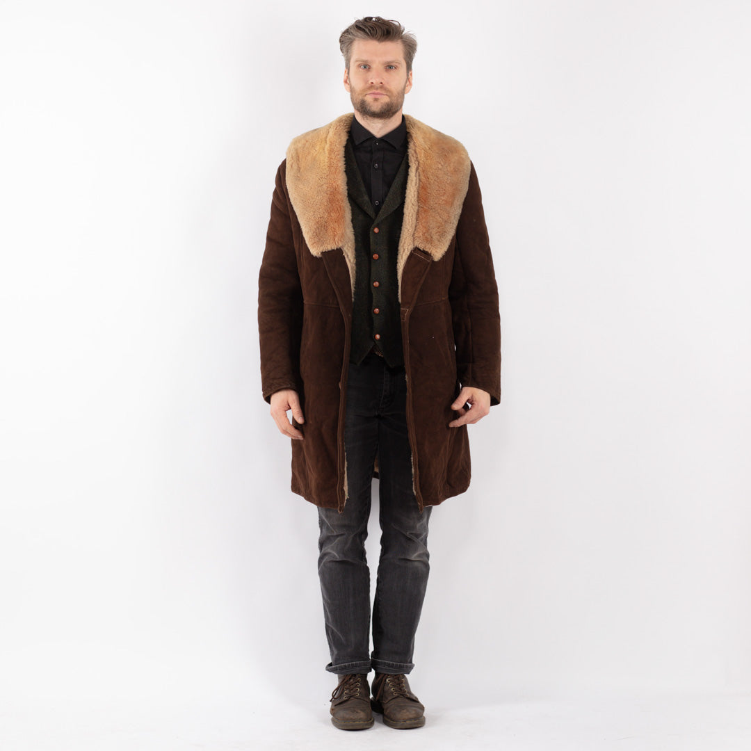 Vintage 70's Men Sheepskin Shearling Coat in Brown