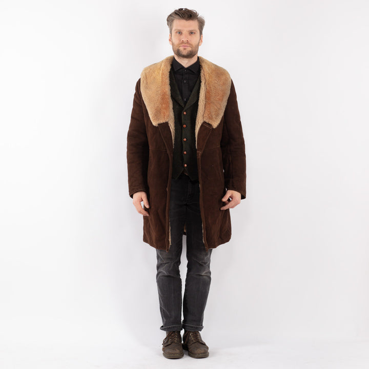 Vintage 70's Men Sheepskin Shearling Coat in Brown