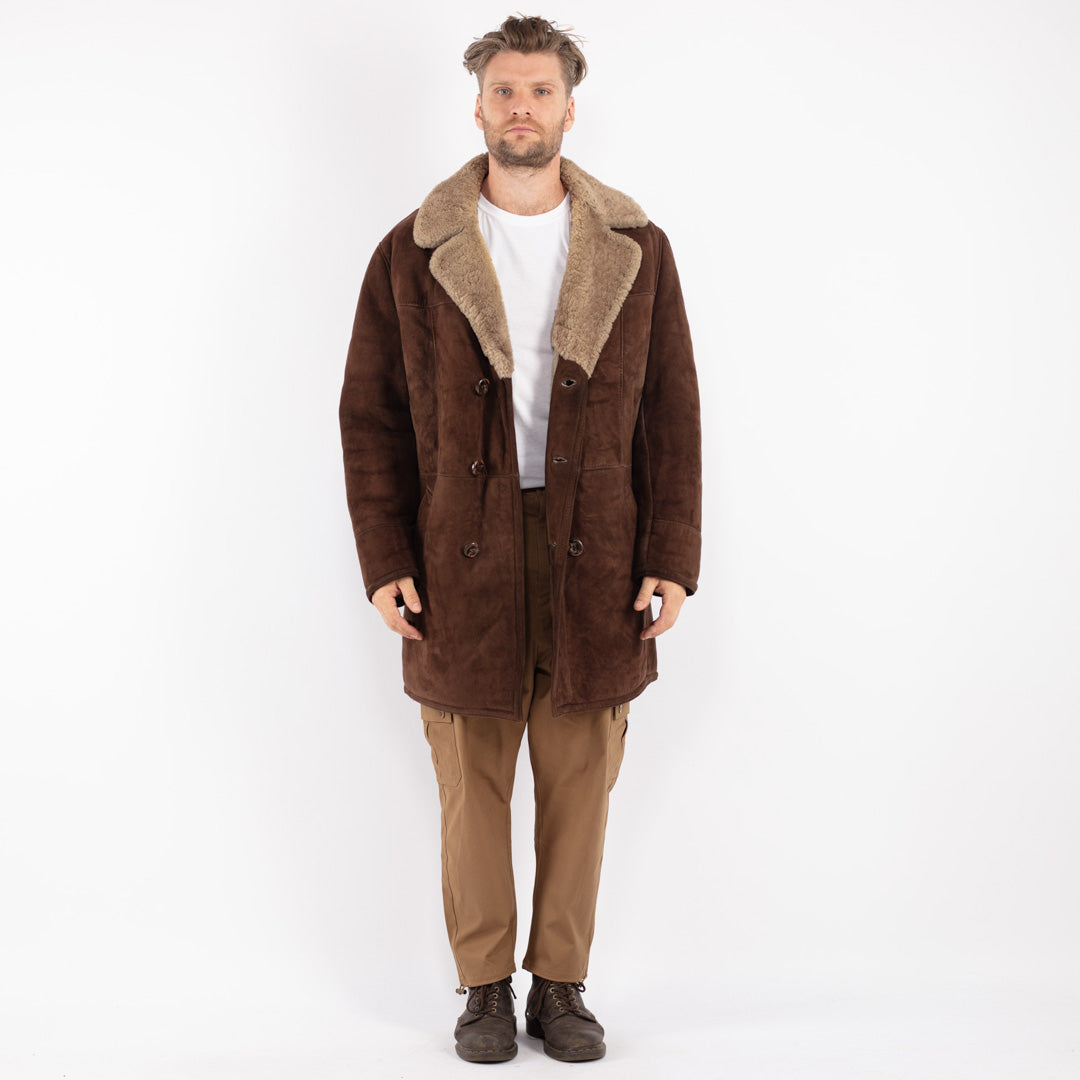 Vintage 70's Men Sheepskin Shearling Coat in Brown