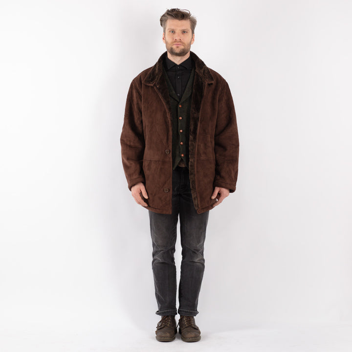 Vintage 90's Men Faux Sheepskin Coat in Brown