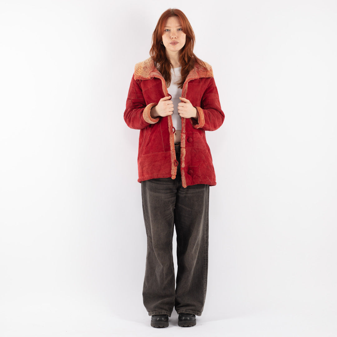Vintage 90's Women Sheepskin Shearling Jacket in Red