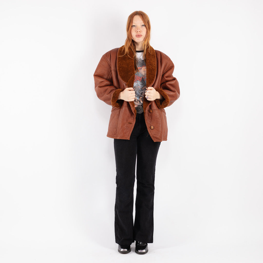 Vintage 80's Women Sheepskin Shearling Coat in Brown