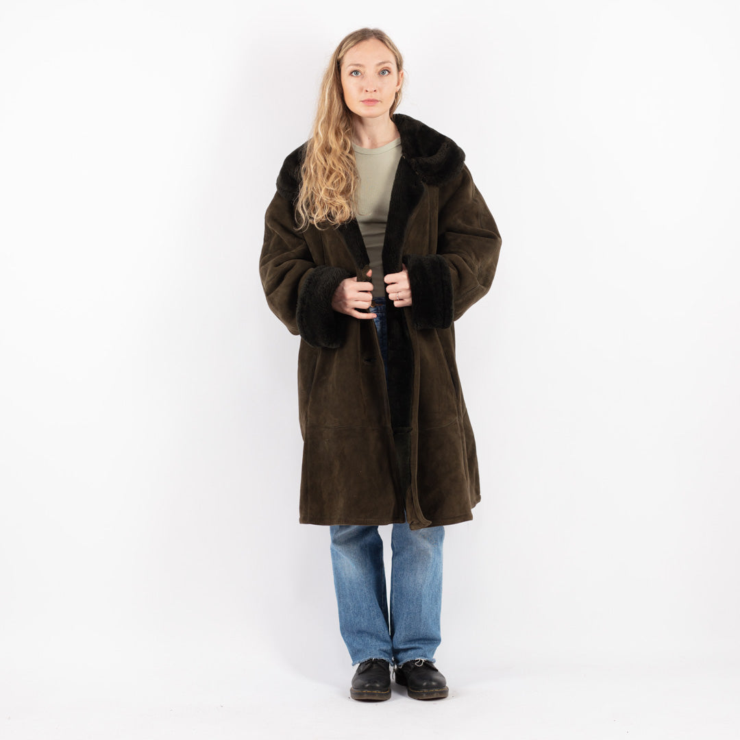 Vintage 80's Women Sheepskin Shearling Coat in Green