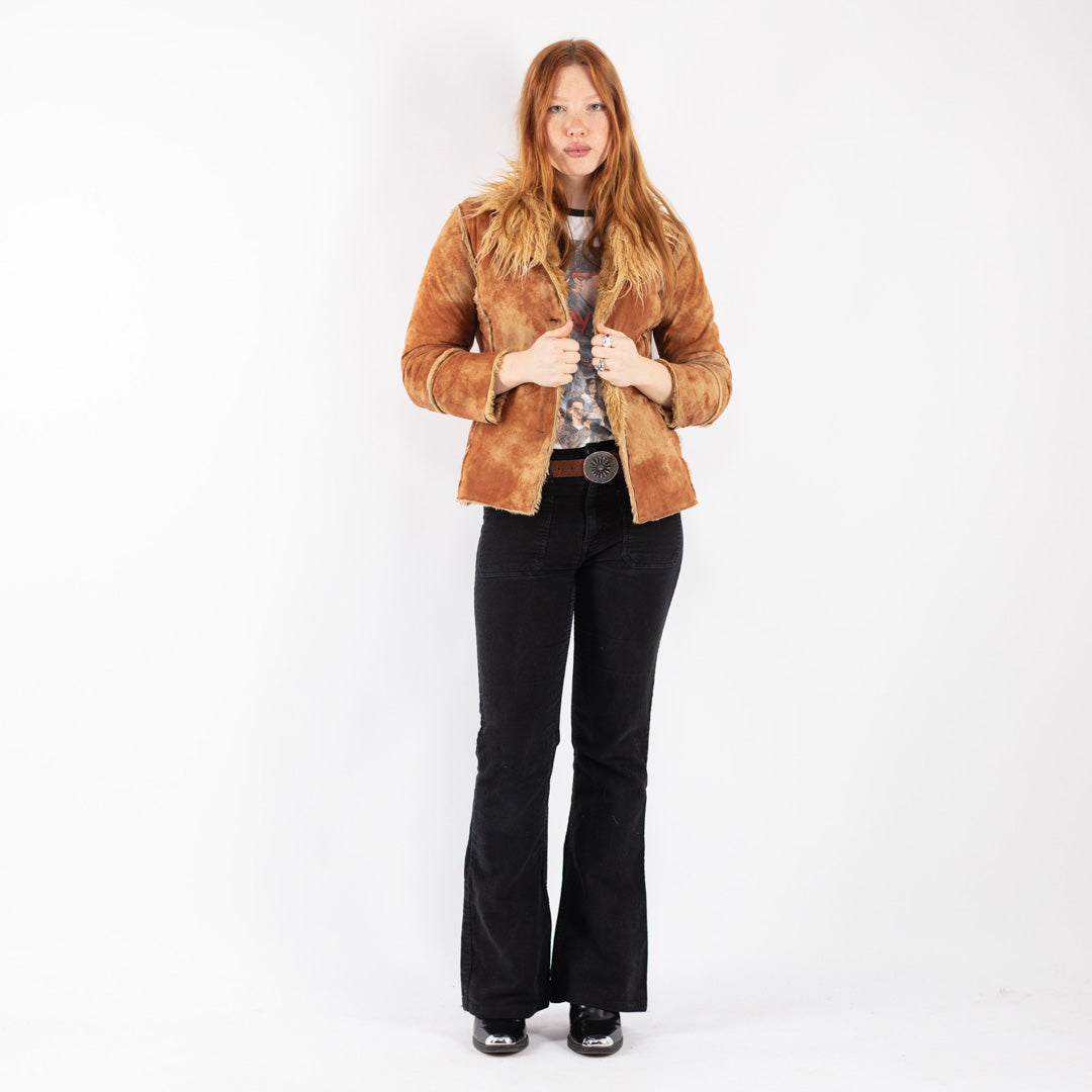 Vintage 90's Women Faux Sheepskin Jacket in Brown