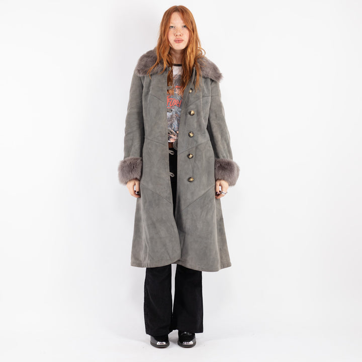 Vintage 70's Women Sheepskin Shearling Coat in Gray