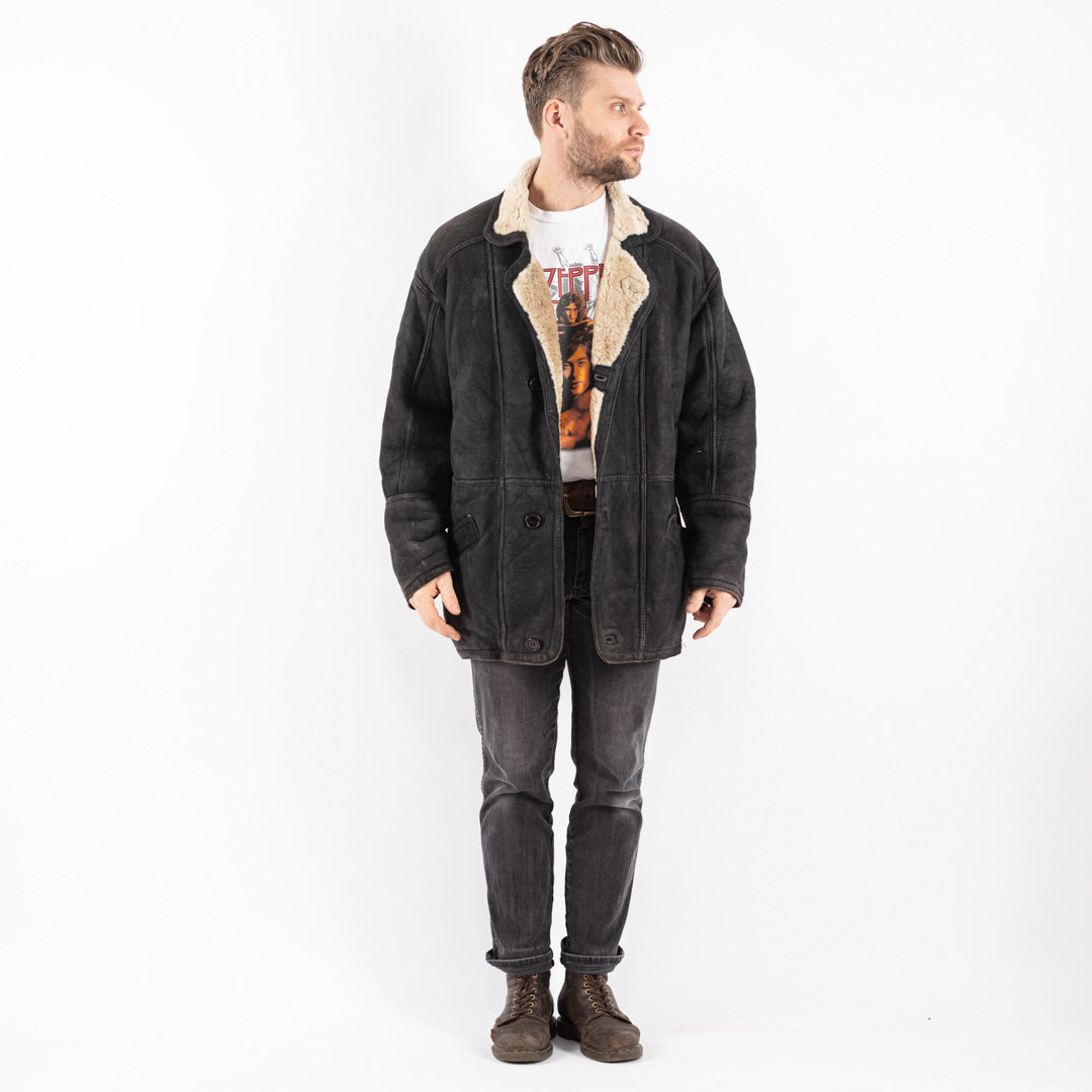 Vintage 90's Men Sheepskin Coat in Black