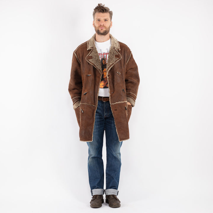 Vintage Men Sheepskin Shearling Coat in Brown