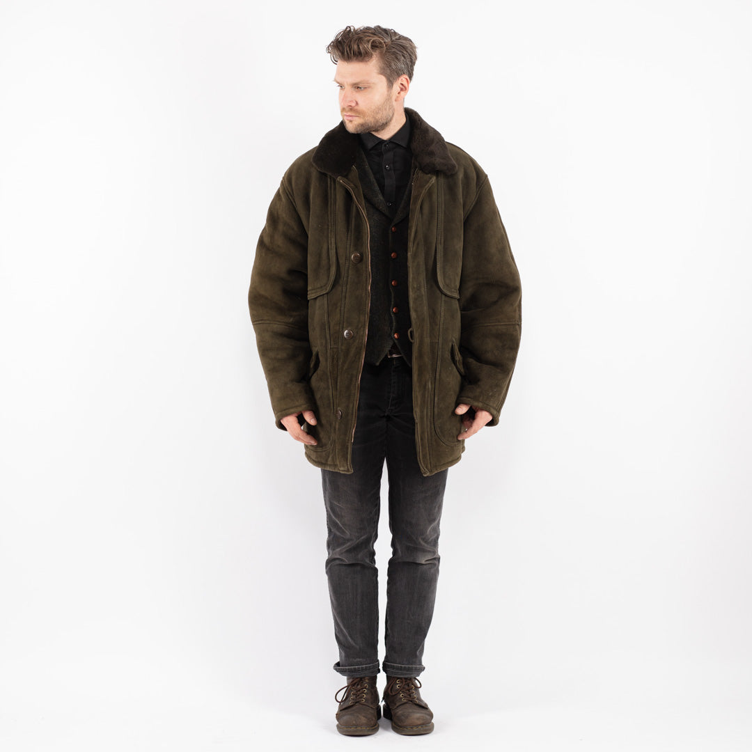 Vintage 70's Men Sheepskin Shearling Coat in Green