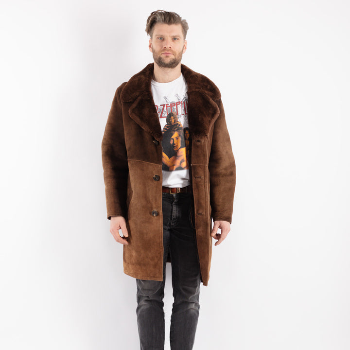 Vintage 70's Men Sheepskin Shearling Coat in Brown