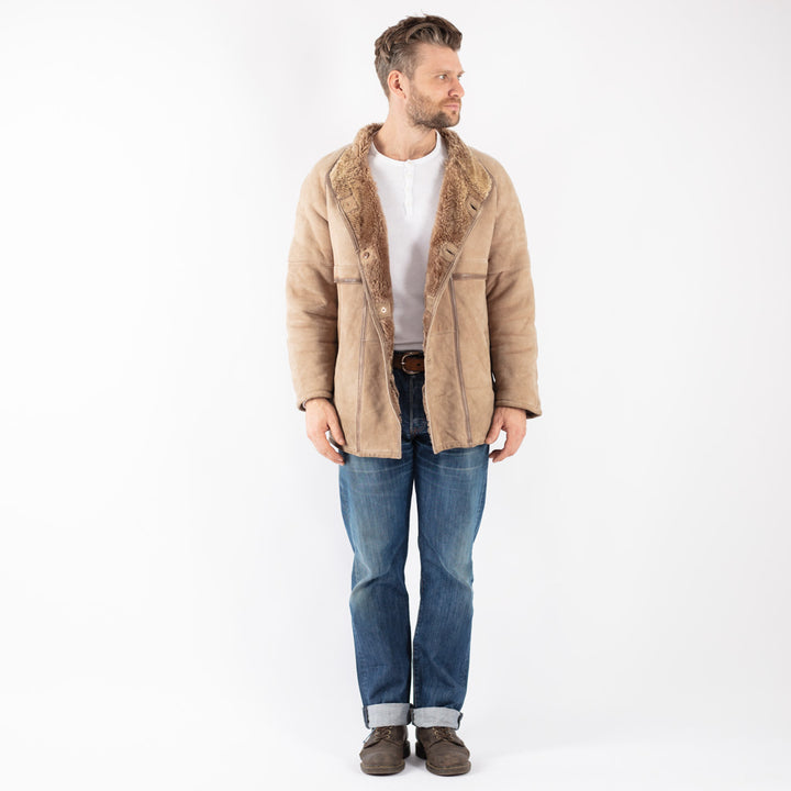 Vintage Men Sheepskin Coat in Beige