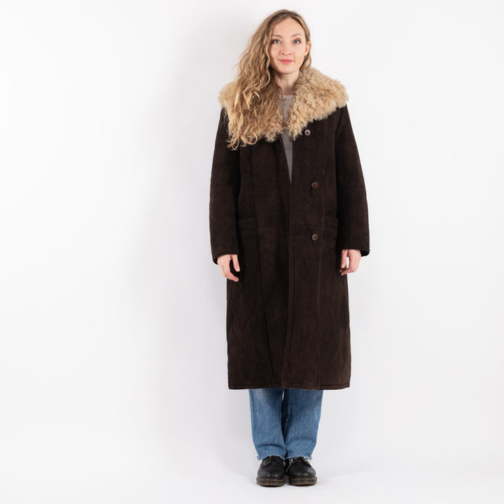 Vintage 70's Women Sheepskin Shearling Coat in Brown