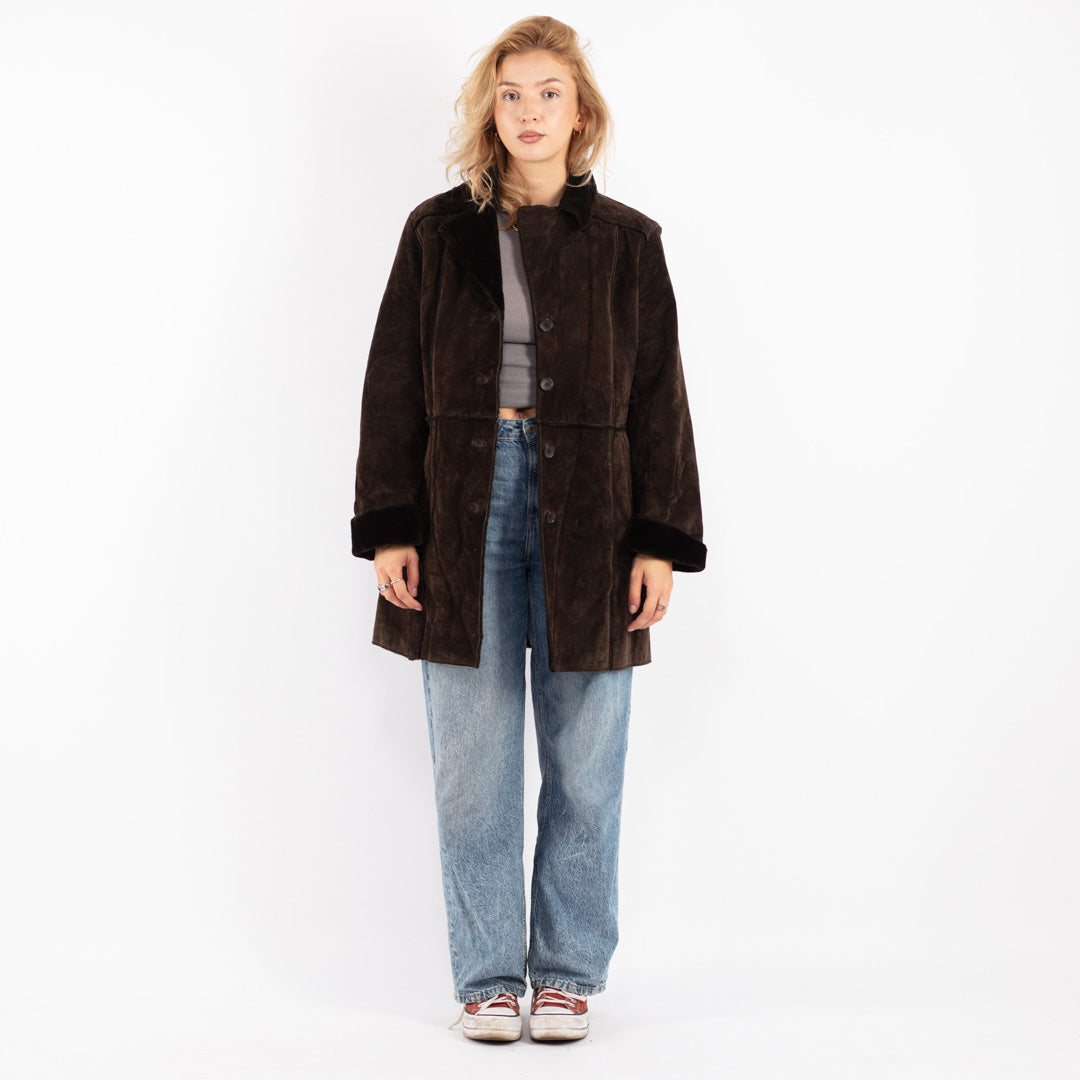 Vintage 90's Women Suede Sherpa Coat in Brown